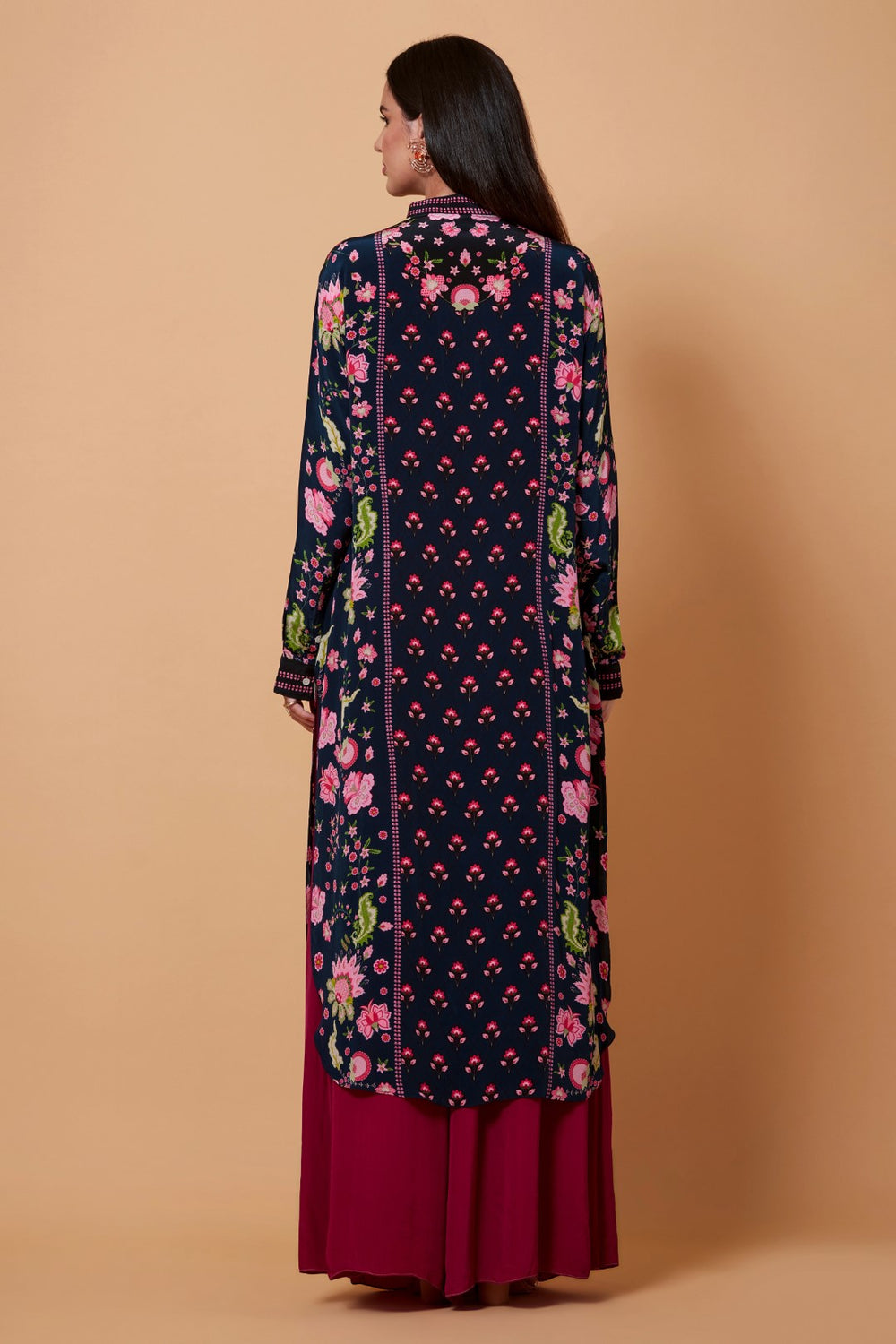 Dark Blue And Pink Side Floral Sb Signature Shirt Dress With Mandarin Collar-Siddhartha Bansal