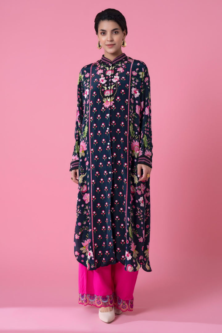 Dark Blue And Pink Side Floral Embllished Shirt Dress-Siddhartha Bansal