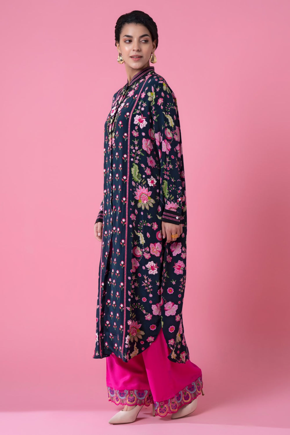 Dark Blue And Pink Side Floral Embllished Shirt Dress-Siddhartha Bansal