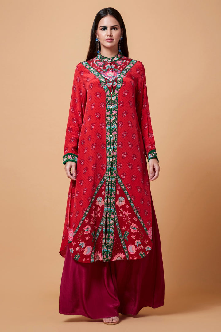 Red Floral V Neck Print Sb Signature Shirt Dress With Mandarin Collar-Siddhartha Bansal