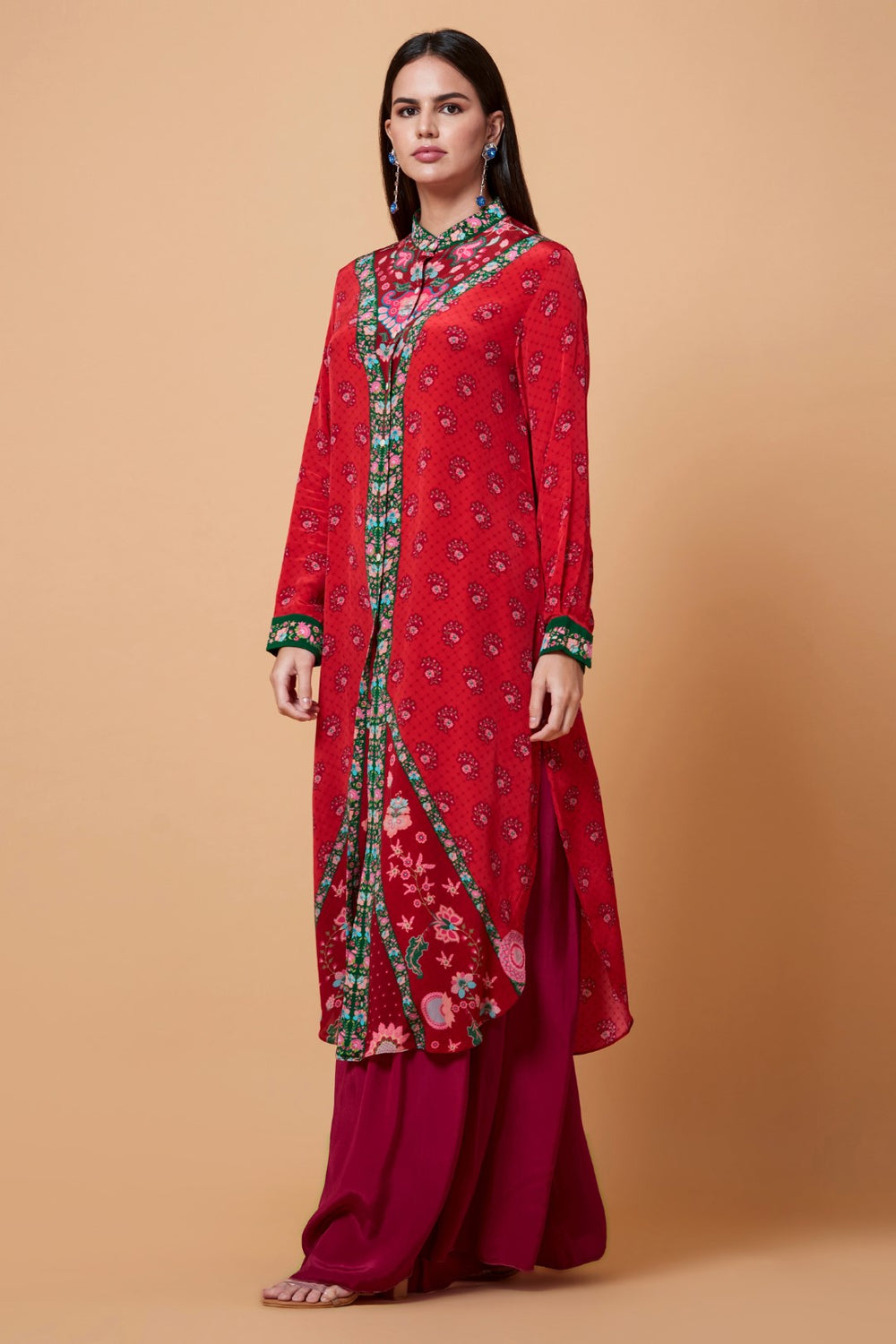 Red Floral V Neck Print Sb Signature Shirt Dress With Mandarin Collar-Siddhartha Bansal