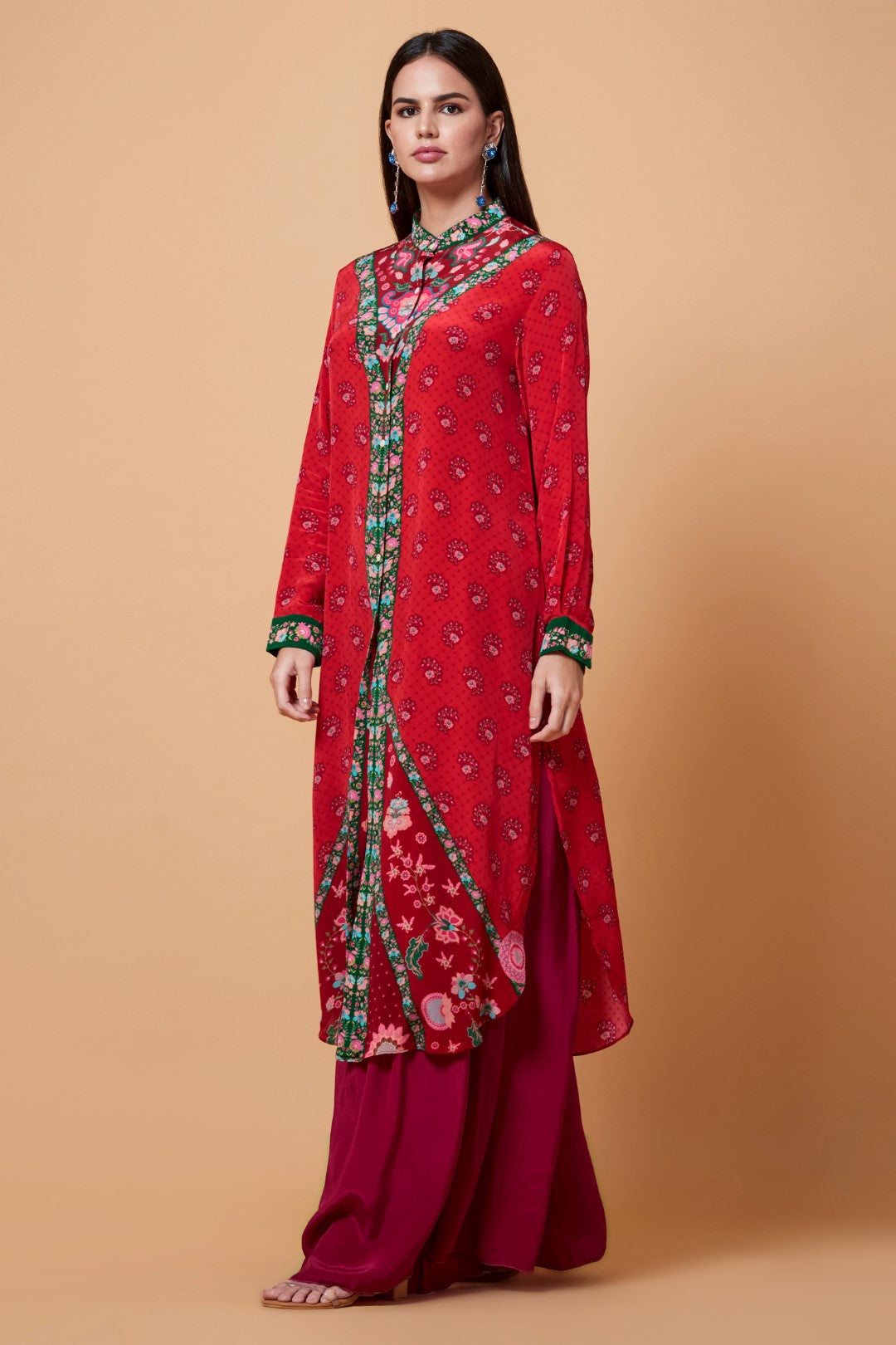 Red Floral V Neck Print Sb Signature Shirt Dress With Mandarin Collar-Siddhartha Bansal