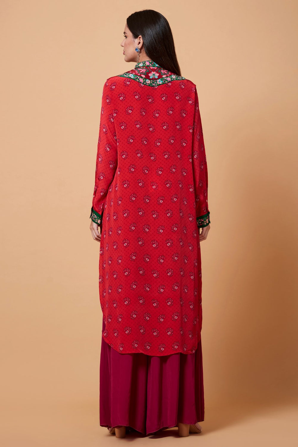 Red Floral V Neck Print Sb Signature Shirt Dress With Mandarin Collar-Siddhartha Bansal