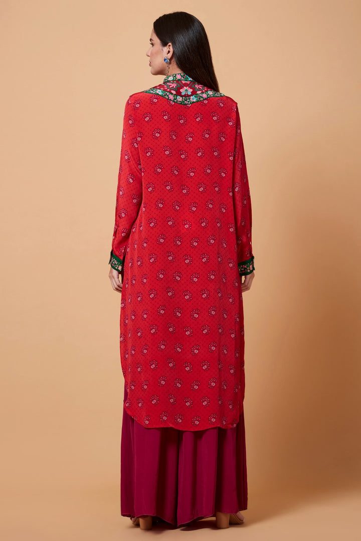 Red Floral V Neck Print Sb Signature Shirt Dress With Mandarin Collar-Siddhartha Bansal