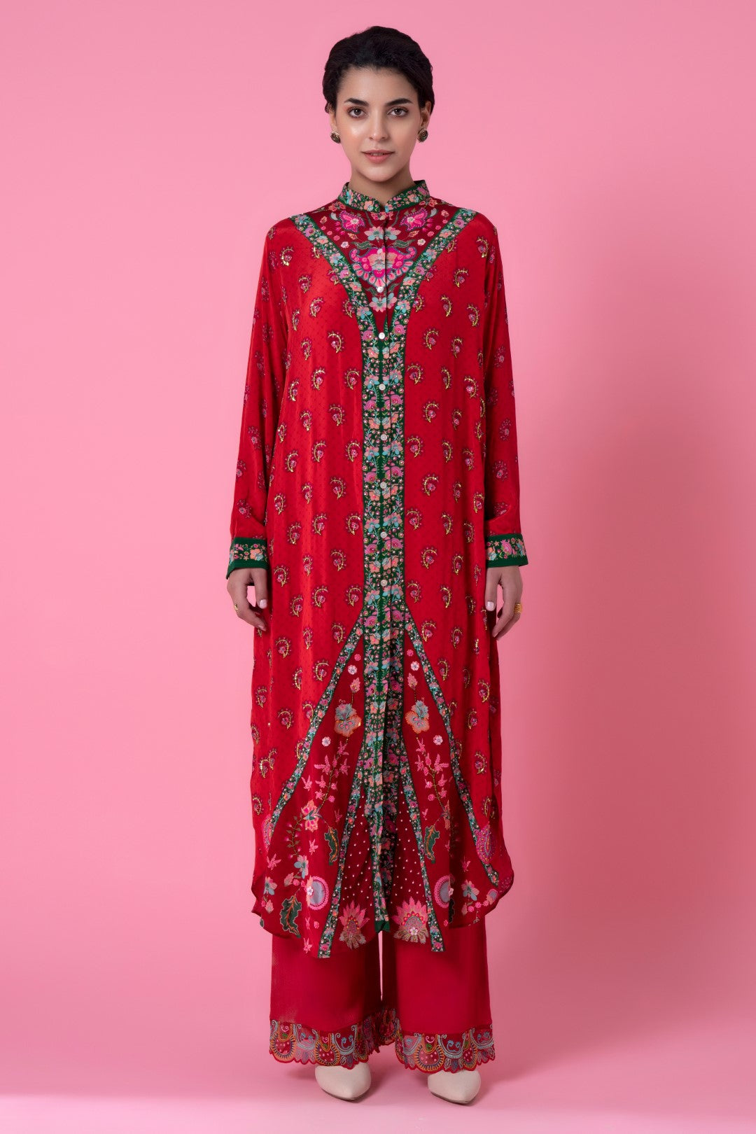 Red Floral V Neck Print Embllished Shirt Dress-Siddhartha Bansal