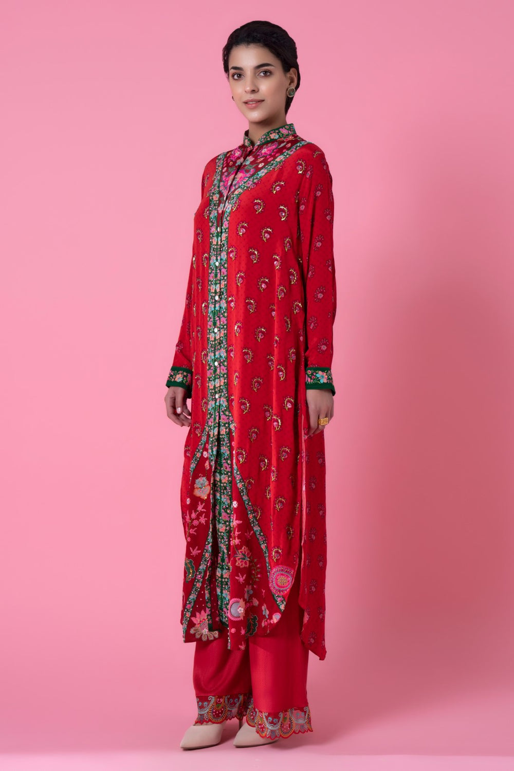 Red Floral V Neck Print Embllished Shirt Dress-Siddhartha Bansal