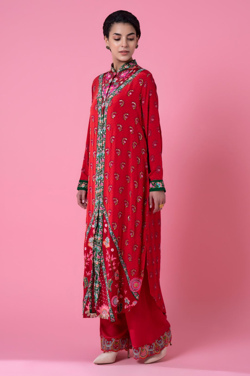 Red Floral V Neck Print Embllished Shirt Dress-Siddhartha Bansal