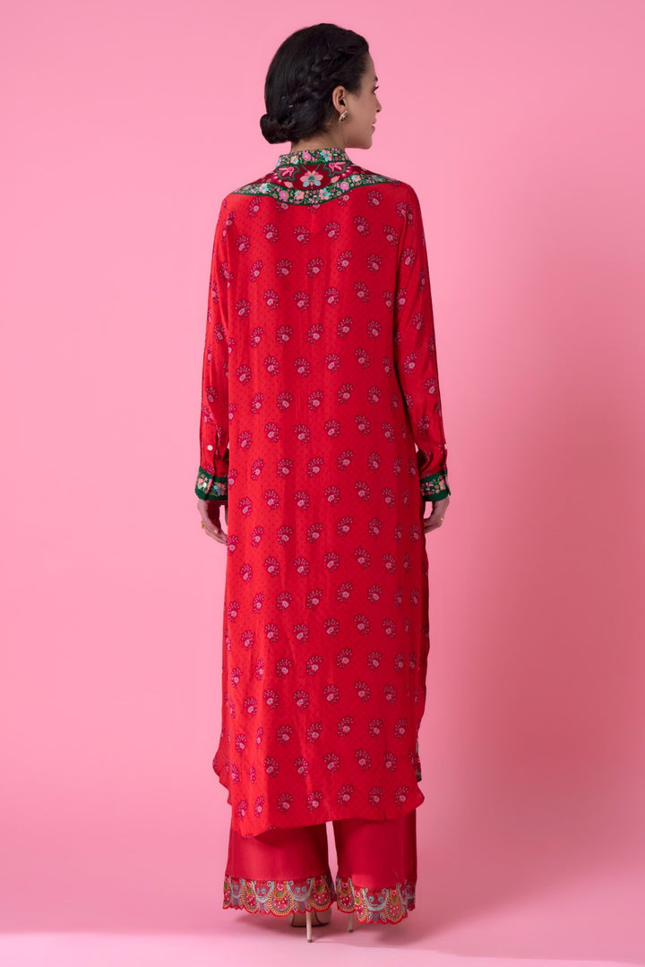 Red Floral V Neck Print Embllished Shirt Dress-Siddhartha Bansal