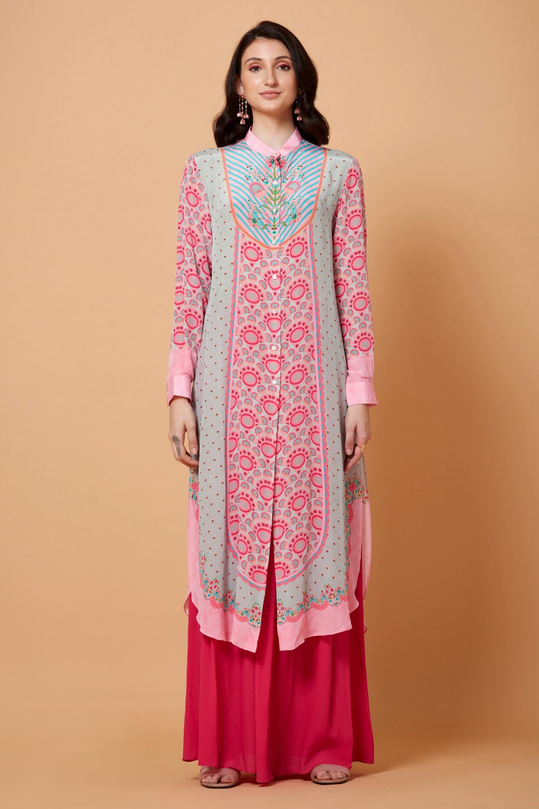 Mint Blue With Pink Motifs Floral Sb Signature Shirt Dress With Mandarin Collar-Siddhartha Bansal