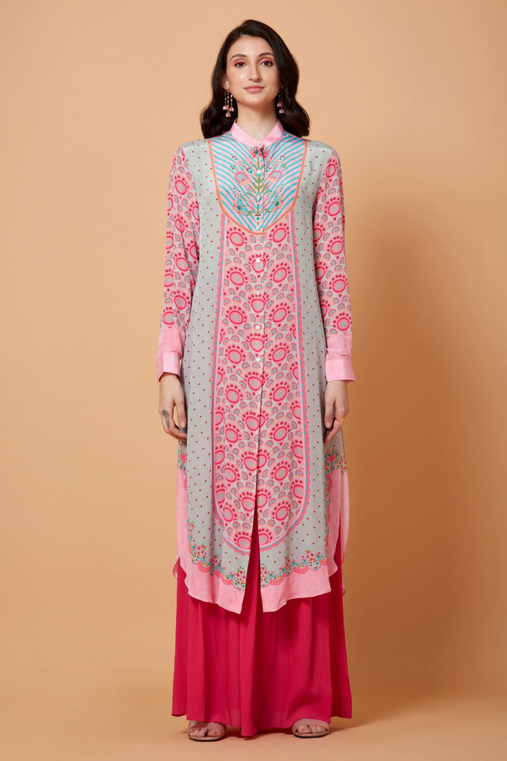 Mint Blue With Pink Motifs Floral Sb Signature Shirt Dress With Mandarin Collar-Siddhartha Bansal