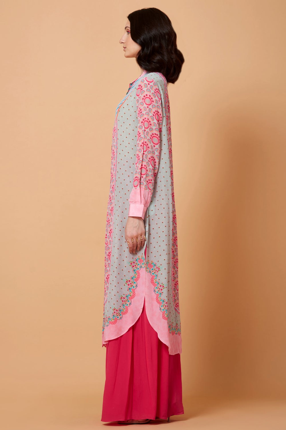 Mint Blue With Pink Motifs Floral Sb Signature Shirt Dress With Mandarin Collar-Siddhartha Bansal