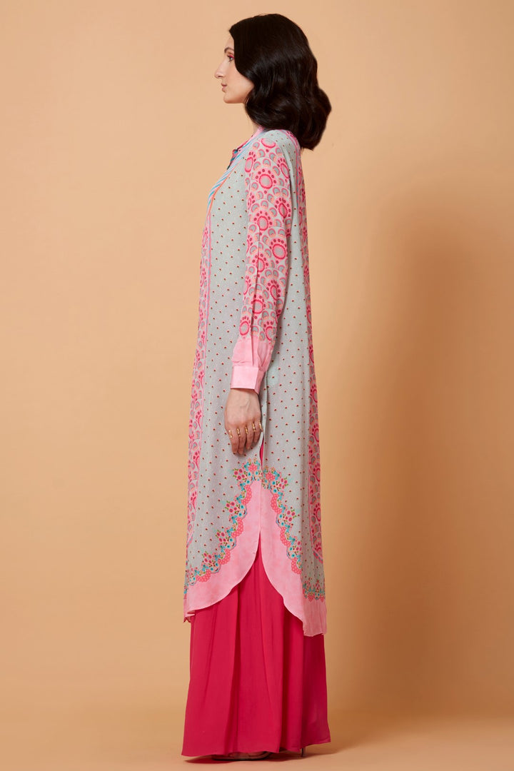 Mint Blue With Pink Motifs Floral Sb Signature Shirt Dress With Mandarin Collar-Siddhartha Bansal