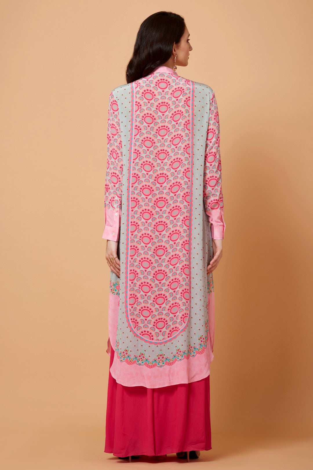 Mint Blue With Pink Motifs Floral Sb Signature Shirt Dress With Mandarin Collar-Siddhartha Bansal