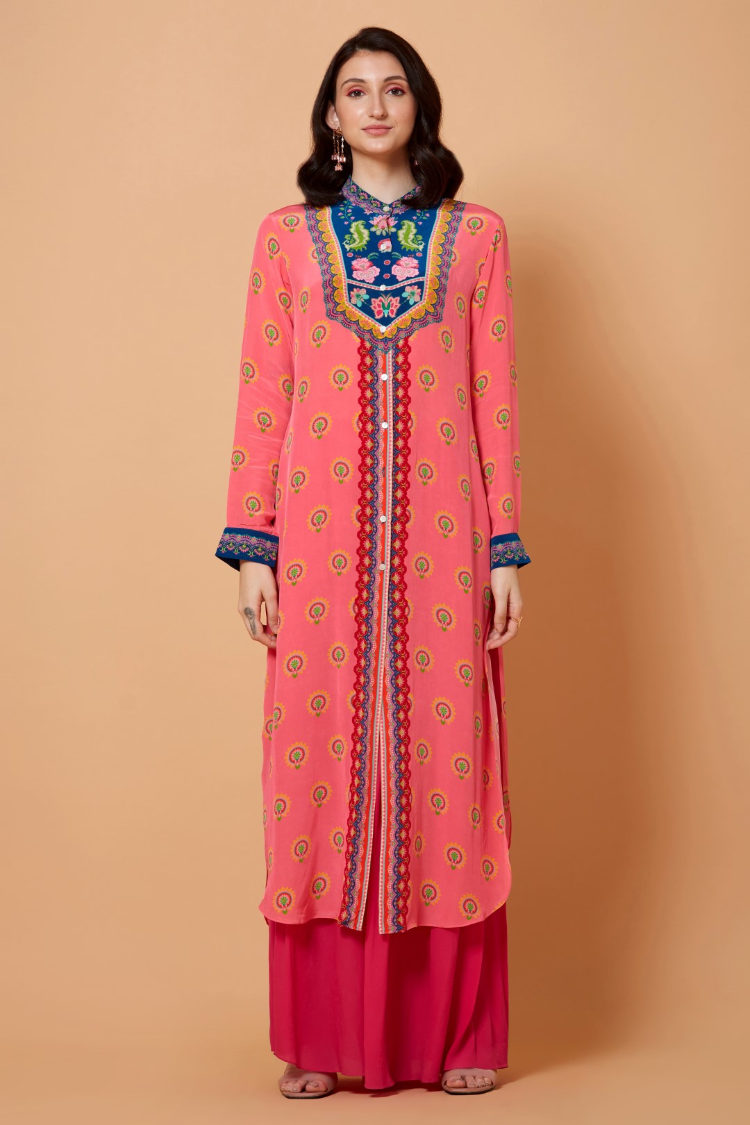 Blue Neck Yoke Floral Print Peach Color Sb Signature Shirt Dress With Mandarin Collar-Siddhartha Bansal