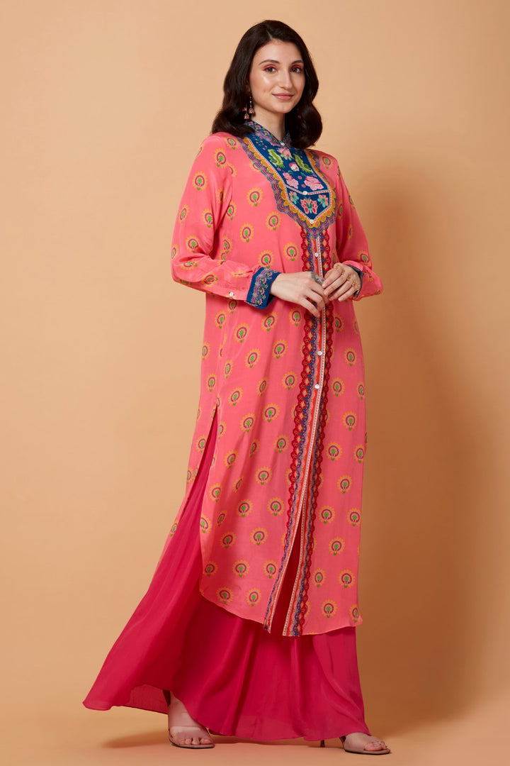 Blue Neck Yoke Floral Print Peach Color Sb Signature Shirt Dress With Mandarin Collar-Siddhartha Bansal