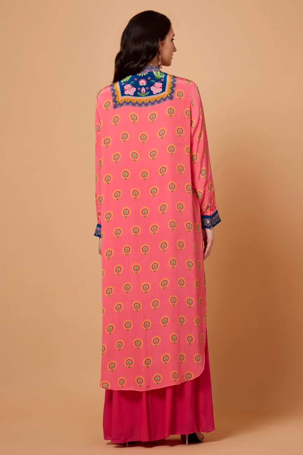 Blue Neck Yoke Floral Print Peach Color Sb Signature Shirt Dress With Mandarin Collar-Siddhartha Bansal