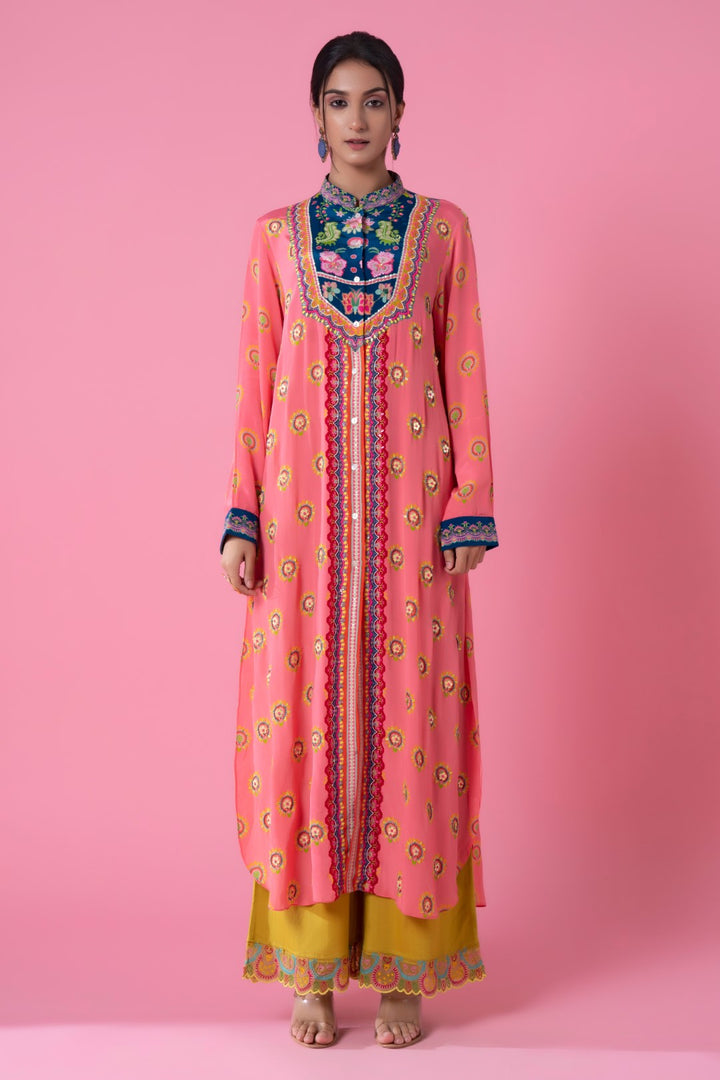 Blue Neck And Peach Embllished Shirt Dress-Siddhartha Bansal