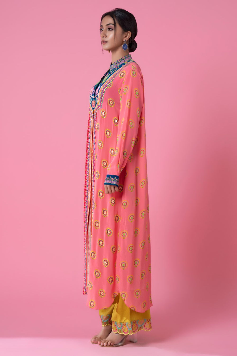 Blue Neck And Peach Embllished Shirt Dress-Siddhartha Bansal
