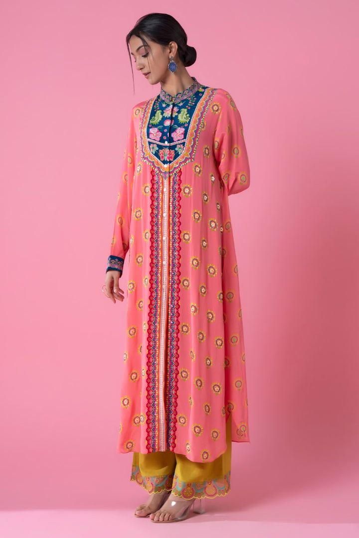 Blue Neck And Peach Embllished Shirt Dress-Siddhartha Bansal