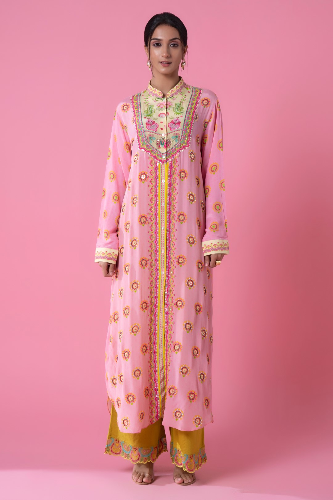 Cream And Baby Pink Embllished Shirt Dress-Siddhartha Bansal