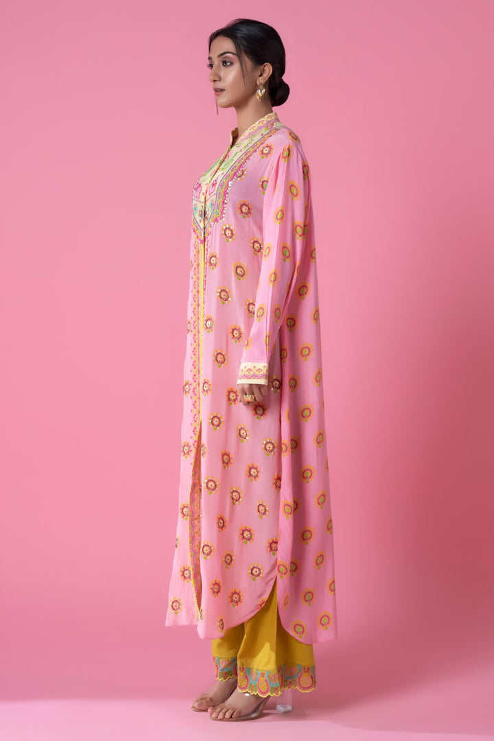Cream And Baby Pink Embllished Shirt Dress-Siddhartha Bansal
