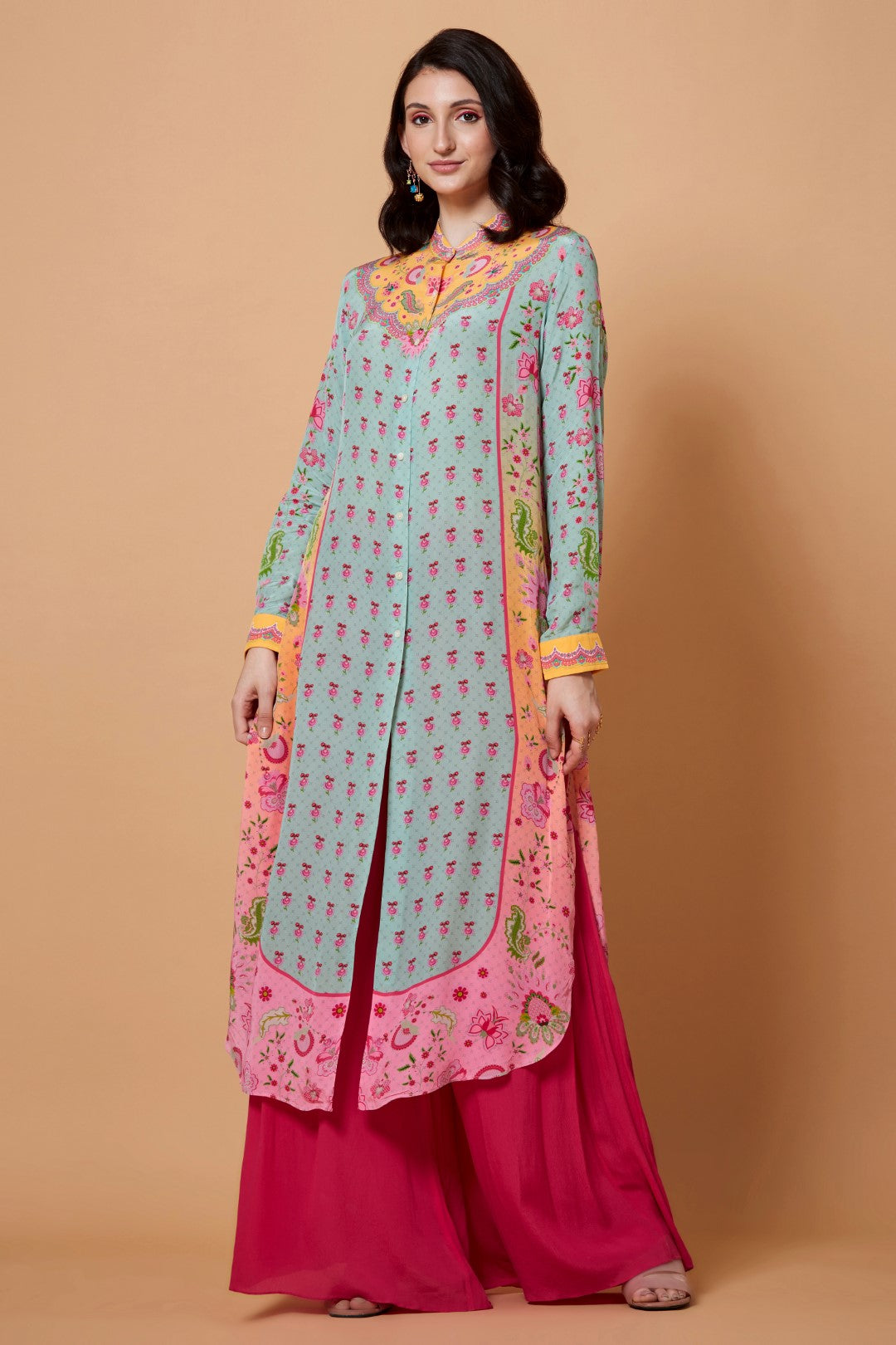 Yellow Yoke Floral Print, Pink Ombr, Mint Blue Color Sb Signature Shirt Dress With Mandarin Collar-Siddhartha Bansal