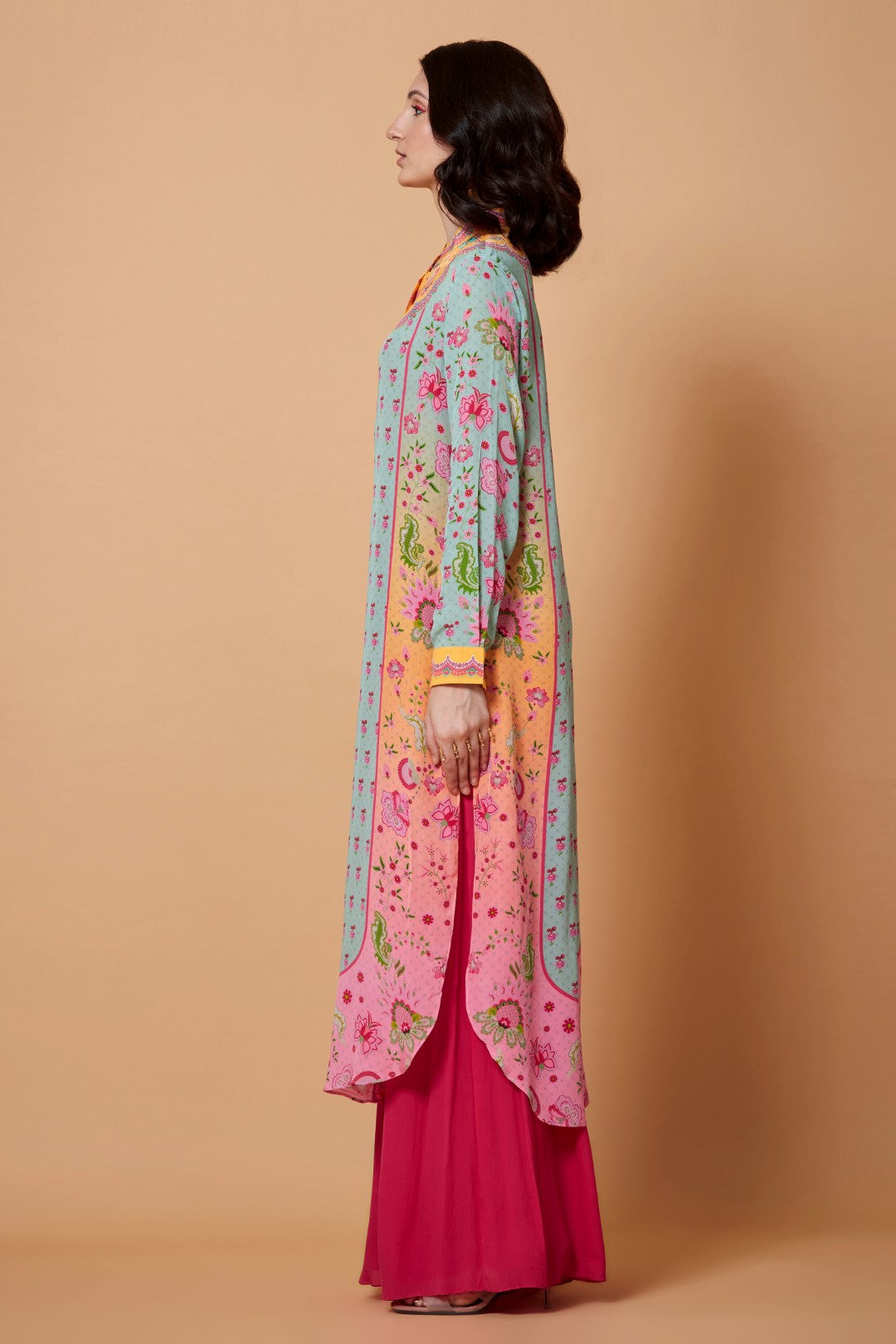 Yellow Yoke Floral Print, Pink Ombr, Mint Blue Color Sb Signature Shirt Dress With Mandarin Collar-Siddhartha Bansal