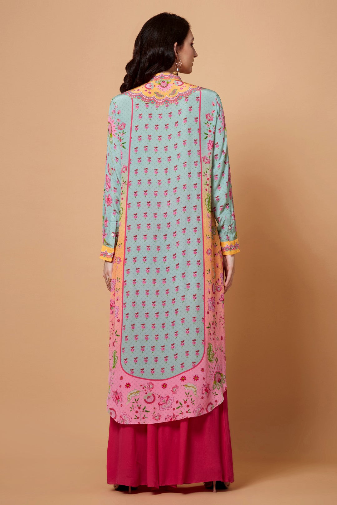 Yellow Yoke Floral Print, Pink Ombr, Mint Blue Color Sb Signature Shirt Dress With Mandarin Collar-Siddhartha Bansal
