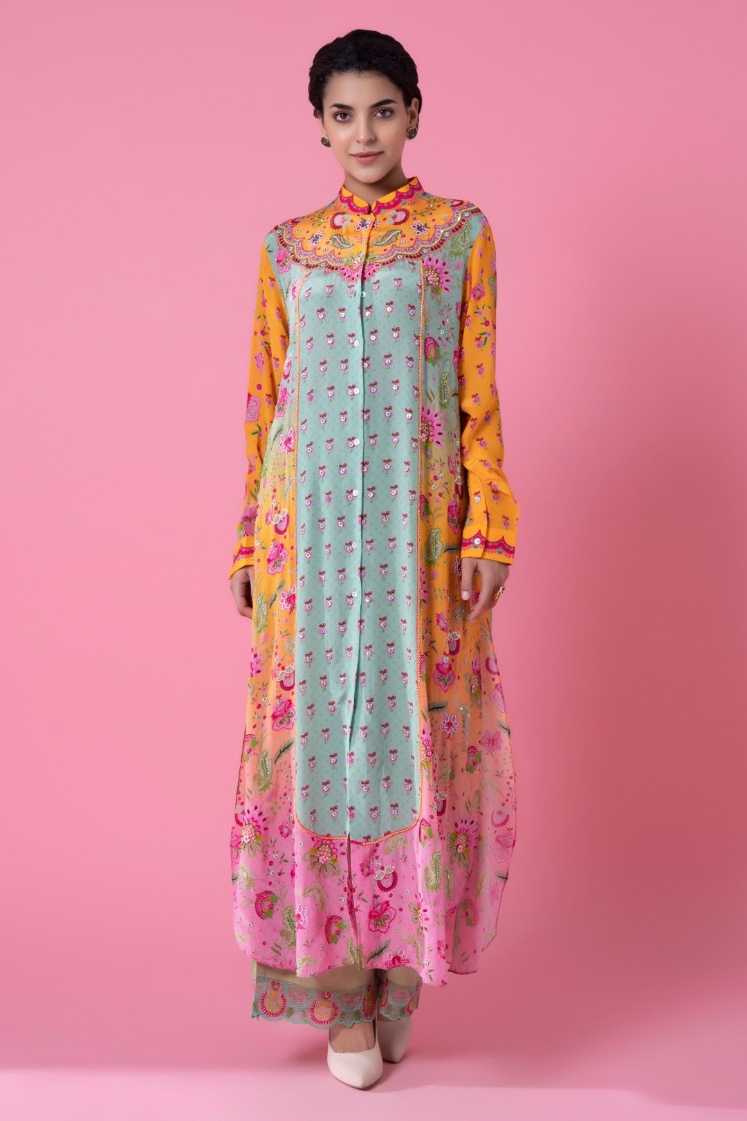 Yellow And Pink Ombre, Embllished Shirt Dress-Siddhartha Bansal