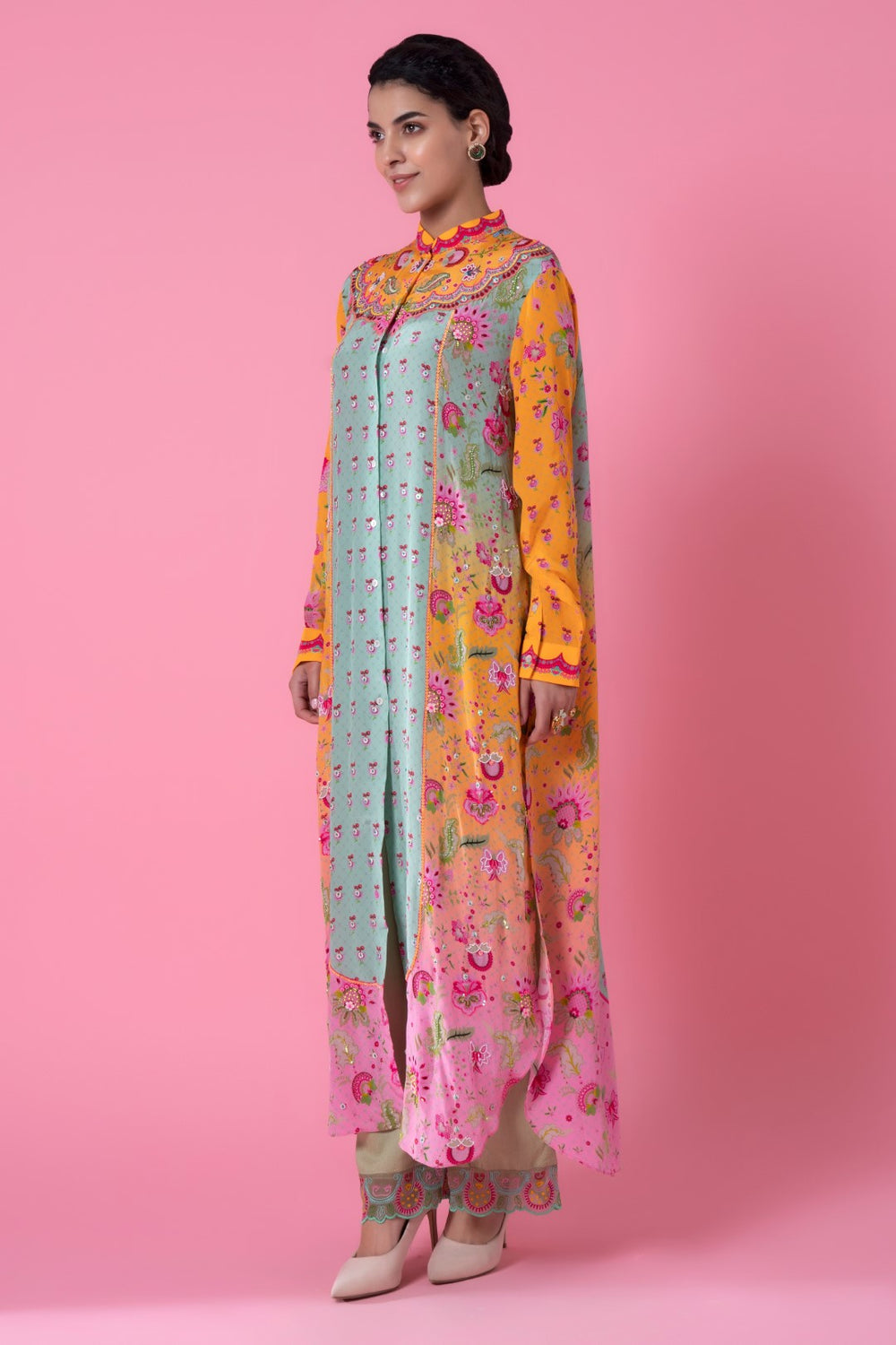 Yellow And Pink Ombre, Embllished Shirt Dress-Siddhartha Bansal