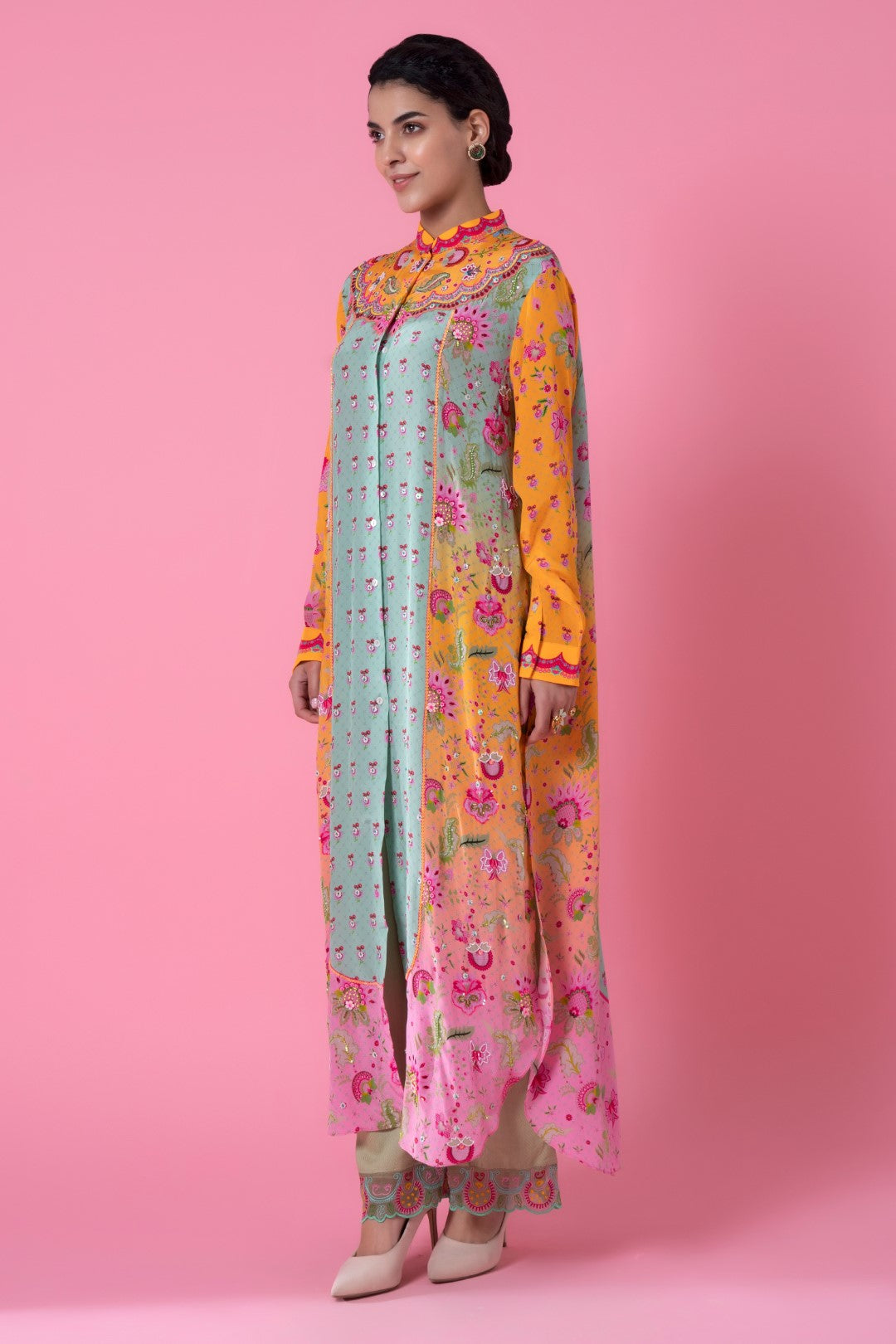 Yellow And Pink Ombre, Embllished Shirt Dress-Siddhartha Bansal