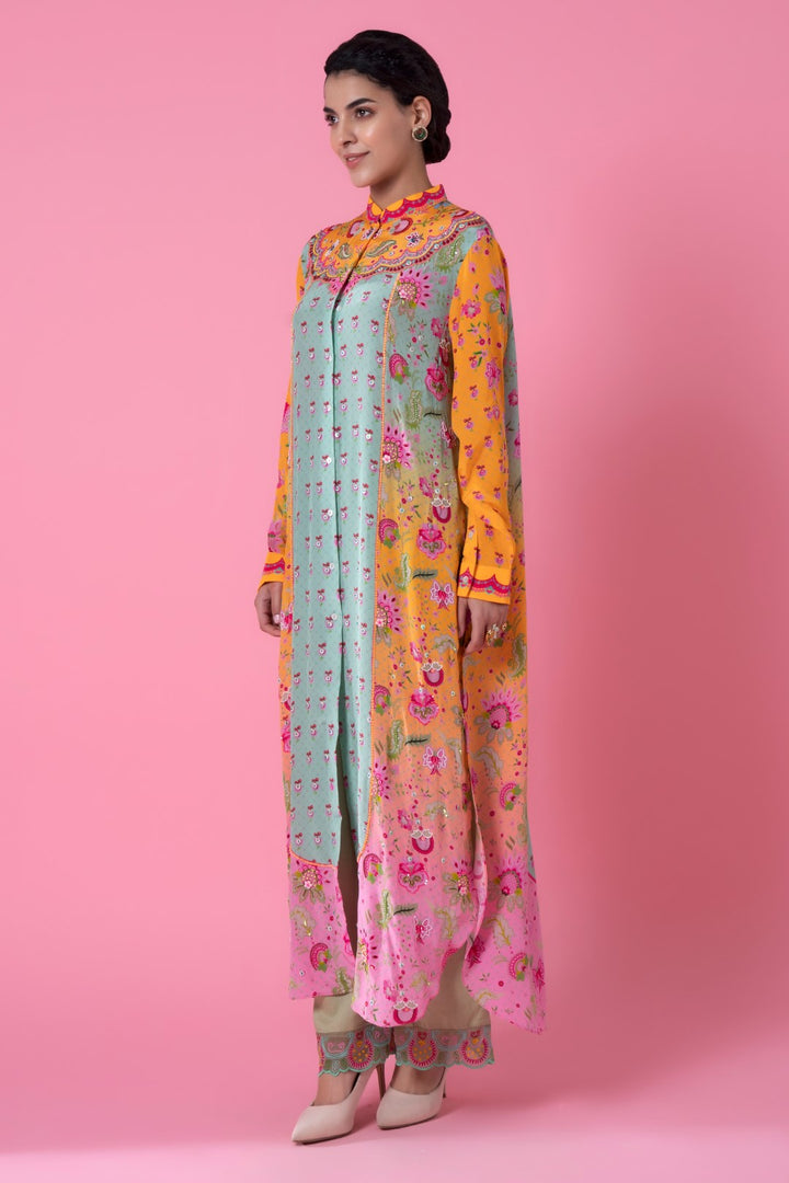 Yellow And Pink Ombre, Embllished Shirt Dress-Siddhartha Bansal