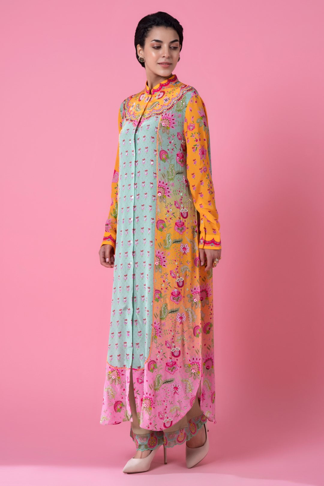 Yellow And Pink Ombre, Embllished Shirt Dress-Siddhartha Bansal