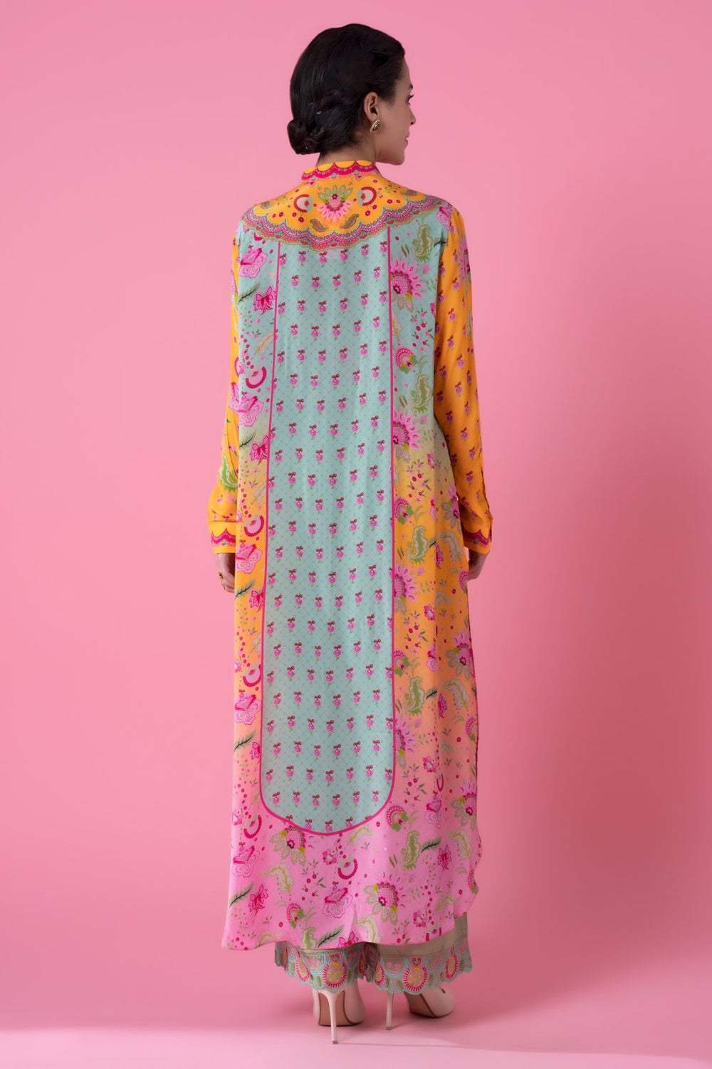 Yellow And Pink Ombre, Embllished Shirt Dress-Siddhartha Bansal