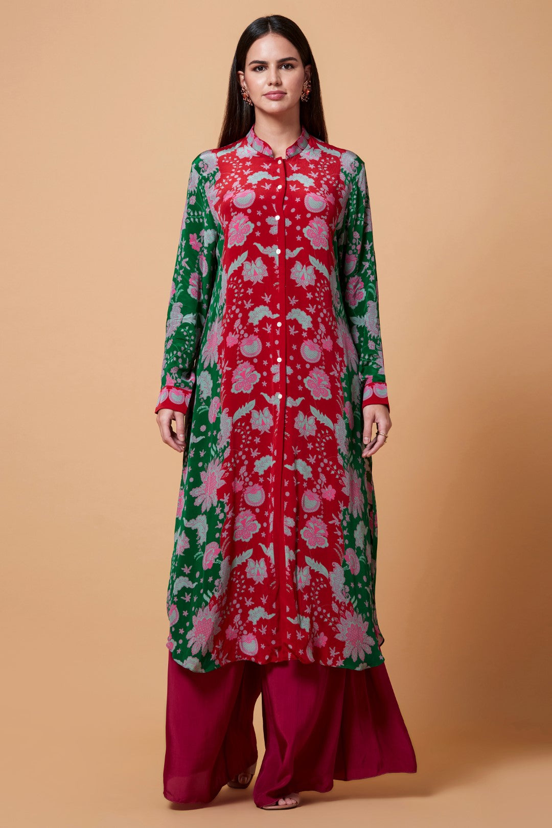 Red And Green Floral Paisly Print Sb Signature Shirt Dress With Mandarin Collar-Siddhartha Bansal