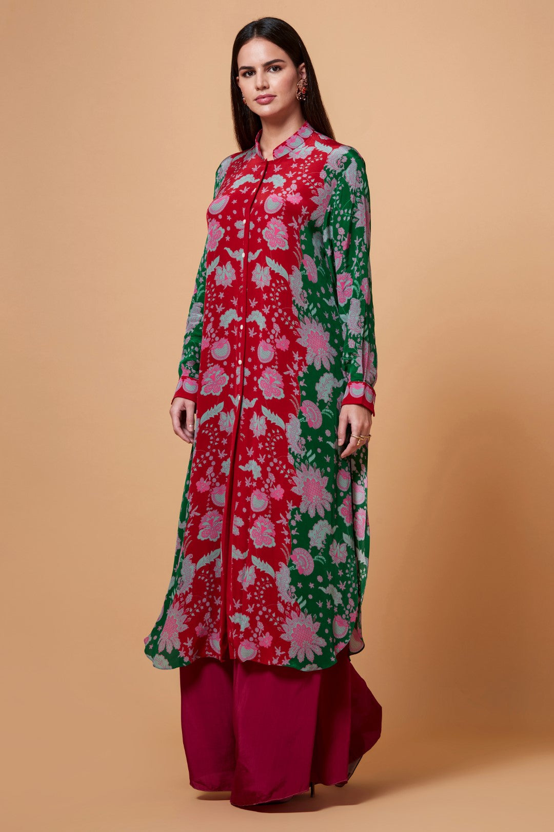Red And Green Floral Paisly Print Sb Signature Shirt Dress With Mandarin Collar-Siddhartha Bansal