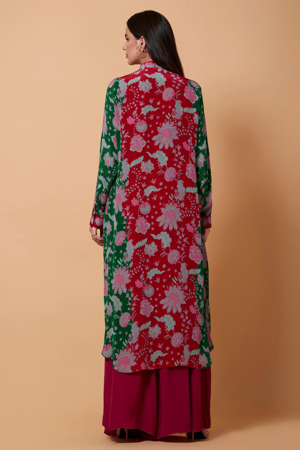 Red And Green Floral Paisly Print Sb Signature Shirt Dress With Mandarin Collar-Siddhartha Bansal
