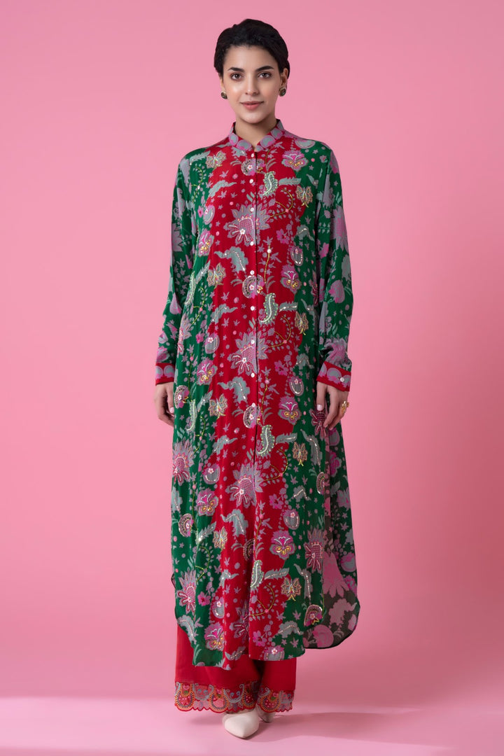 Red And Green Floral Paisly Print Embllished Shirt Dress-Siddhartha Bansal
