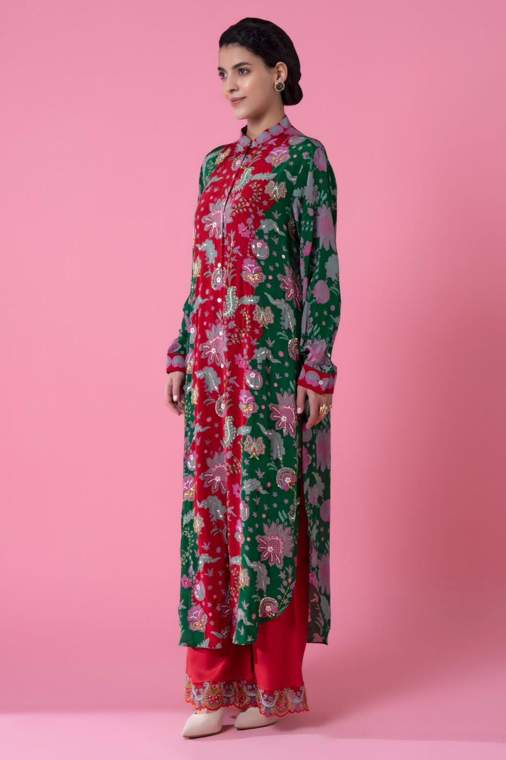 Red And Green Floral Paisly Print Embllished Shirt Dress-Siddhartha Bansal