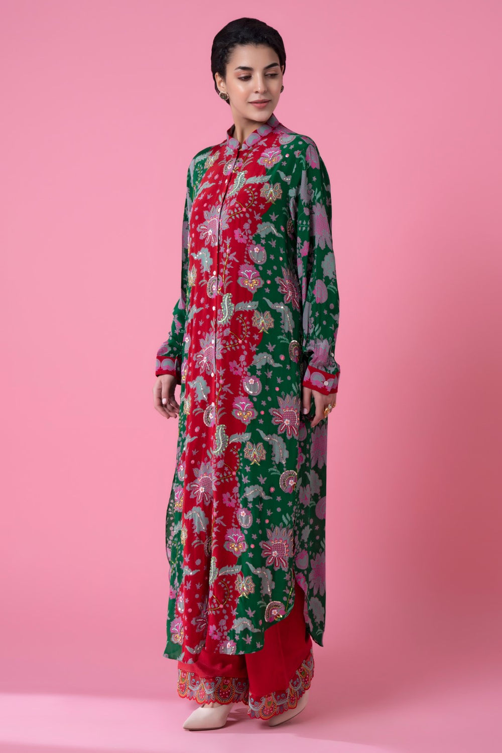 Red And Green Floral Paisly Print Embllished Shirt Dress-Siddhartha Bansal