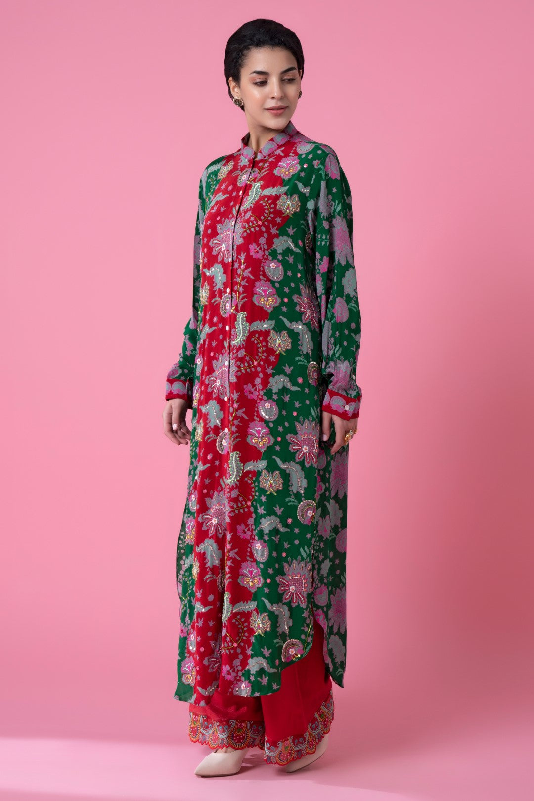 Red And Green Floral Paisly Print Embllished Shirt Dress-Siddhartha Bansal