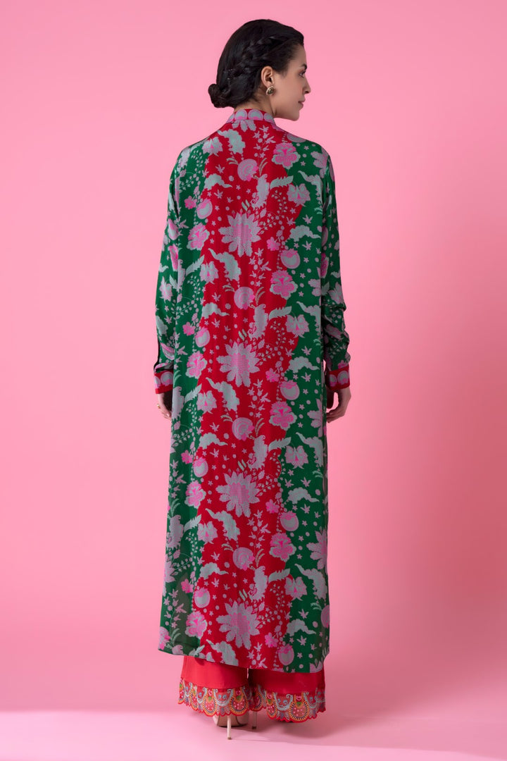 Red And Green Floral Paisly Print Embllished Shirt Dress-Siddhartha Bansal