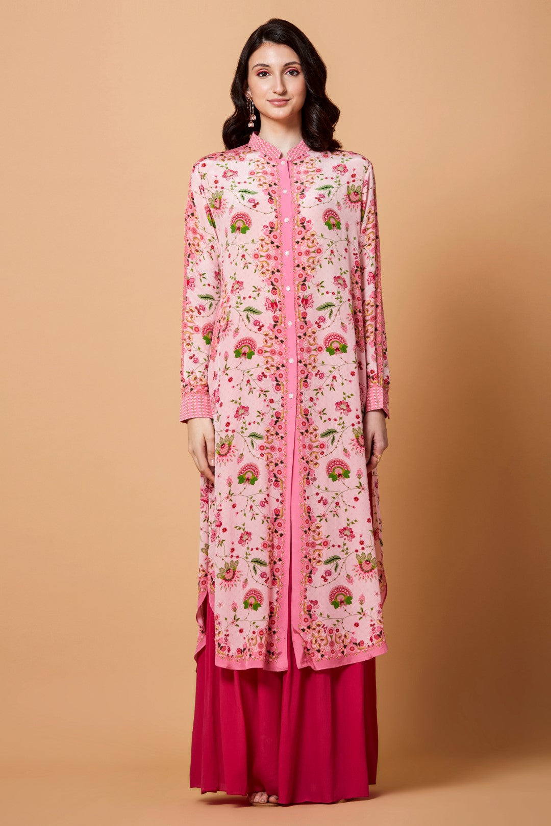 Powder Pink All Over Floral Print Sb Signature Shirt Dress With Mandarin Collar-Siddhartha Bansal