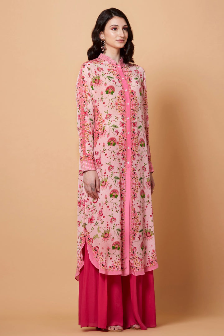 Powder Pink All Over Floral Print Sb Signature Shirt Dress With Mandarin Collar-Siddhartha Bansal