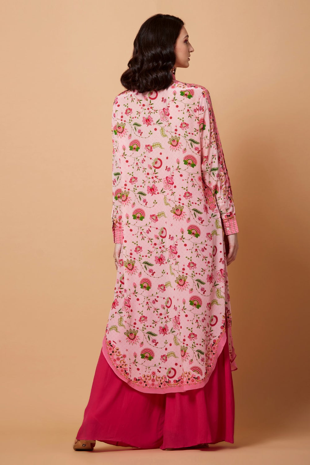 Powder Pink All Over Floral Print Sb Signature Shirt Dress With Mandarin Collar-Siddhartha Bansal