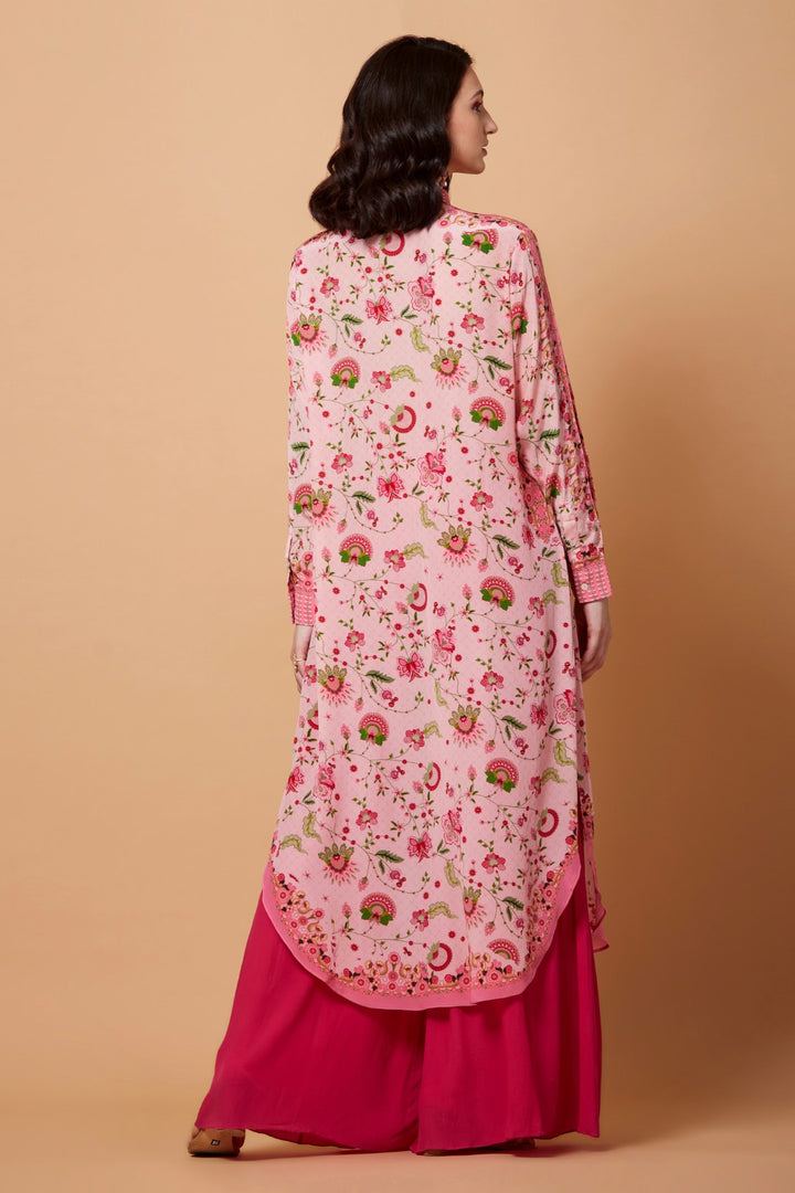 Powder Pink All Over Floral Print Sb Signature Shirt Dress With Mandarin Collar-Siddhartha Bansal