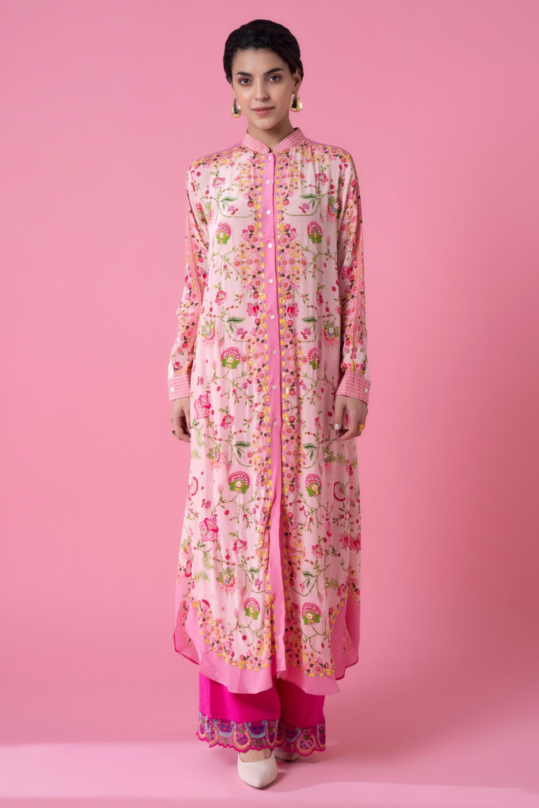 Powder Pink Floral Embllished Shirt Dress-Siddhartha Bansal