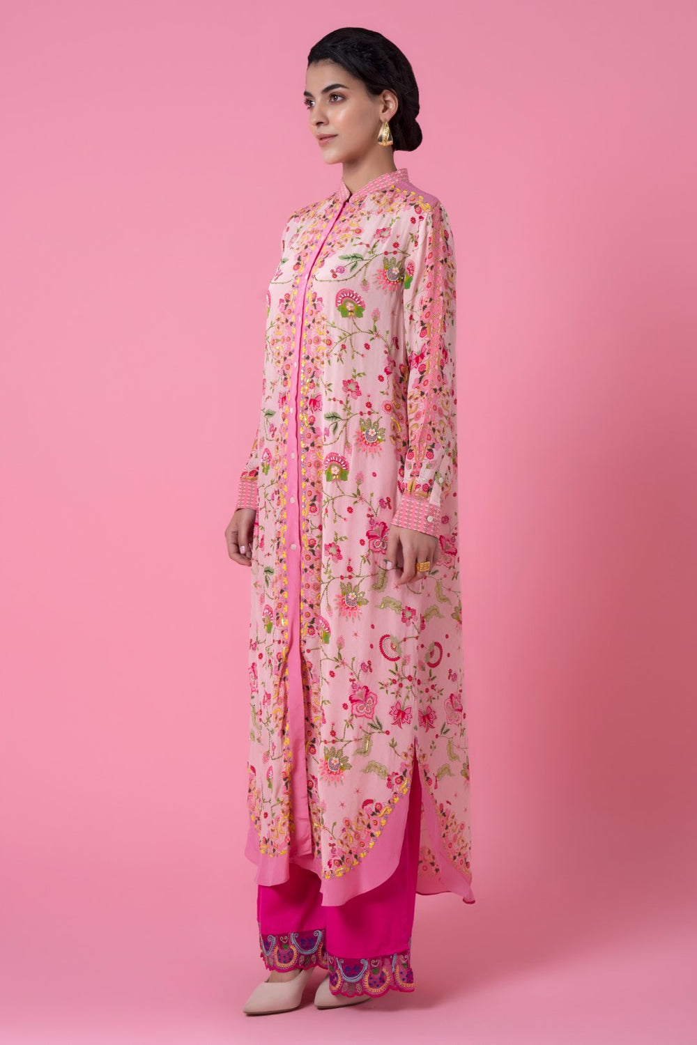 Powder Pink Floral Embllished Shirt Dress-Siddhartha Bansal