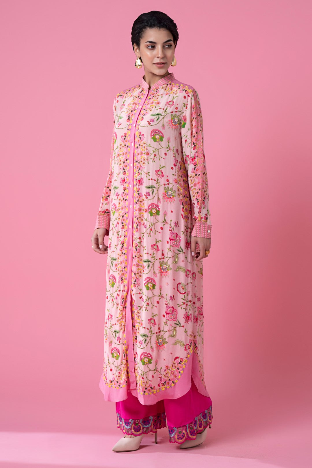 Powder Pink Floral Embllished Shirt Dress-Siddhartha Bansal