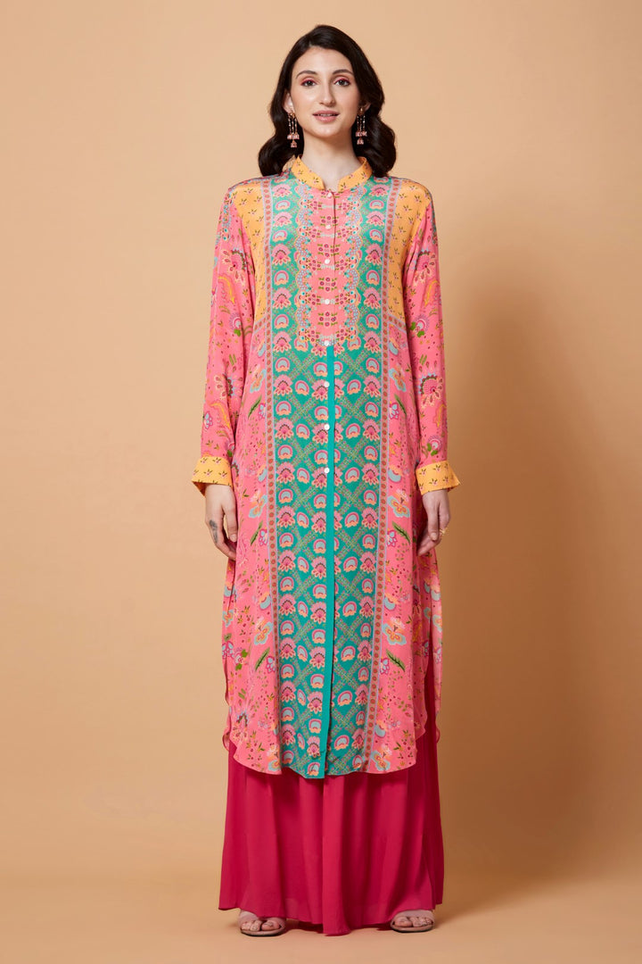 Pink, Yellow, Turquoise Panel All Over Floral Print Sb Signature Shirt Dress With Mandarin Collar-Siddhartha Bansal